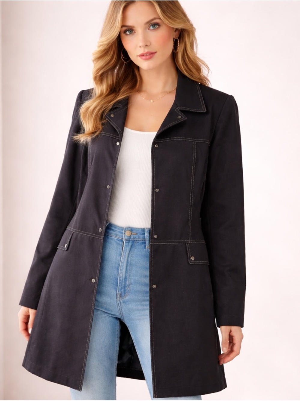 Tahari Arthur S. Levine Black Trenchcoat Size 18 Y2K Topstitching Pushbuttons